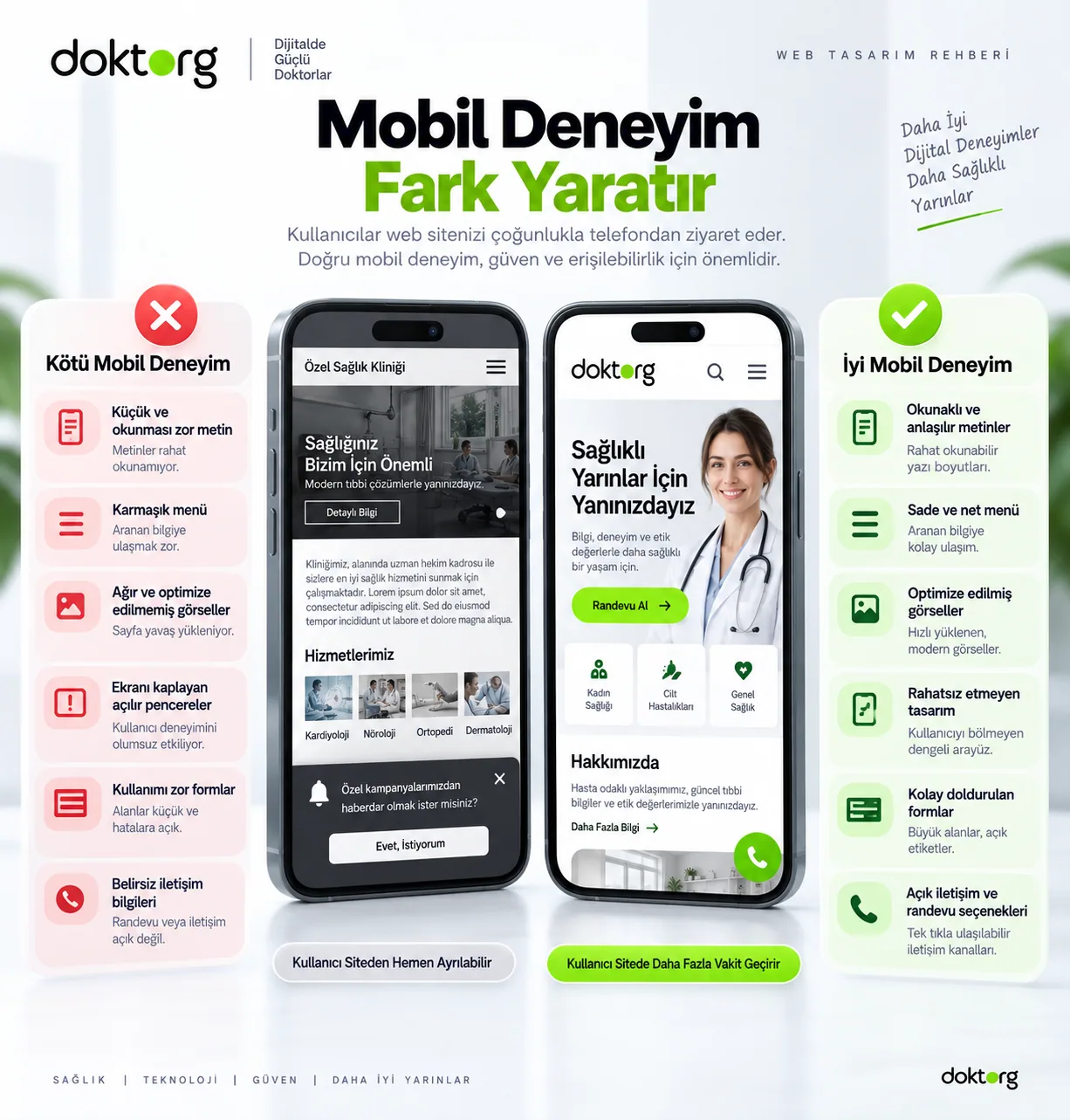 Doktor web sitesinde kötü ve iyi mobil kullanıcı deneyimini iki telefon ekranı üzerinden karşılaştıran görsel