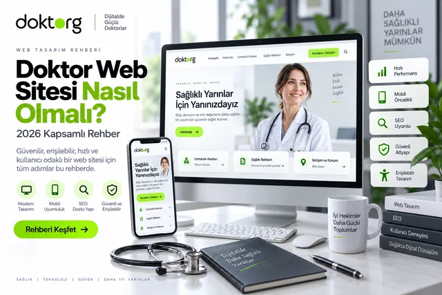 Doktor web sitesi tasarımı, mobil uyumluluk, SEO, hız, güvenlik ve erişilebilirliği temsil eden rehber kapak görseli