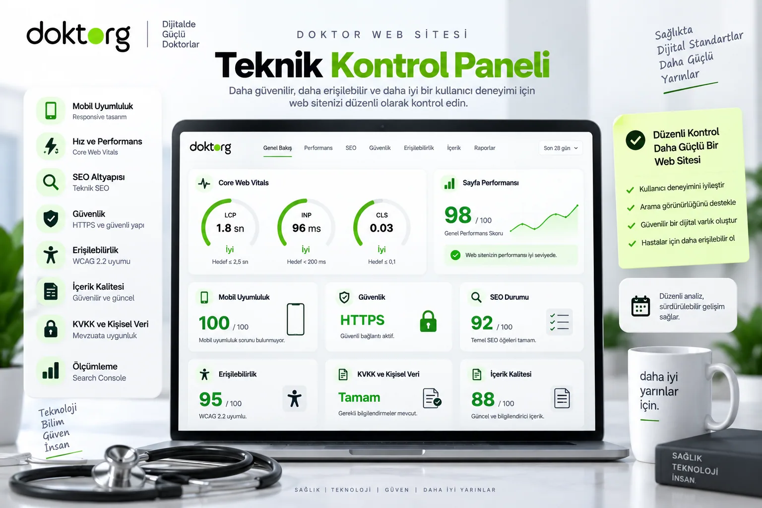 Doktor web sitesi için Core Web Vitals, mobil uyumluluk, SEO, HTTPS, erişilebilirlik, KVKK ve içerik kalitesi kontrol paneli