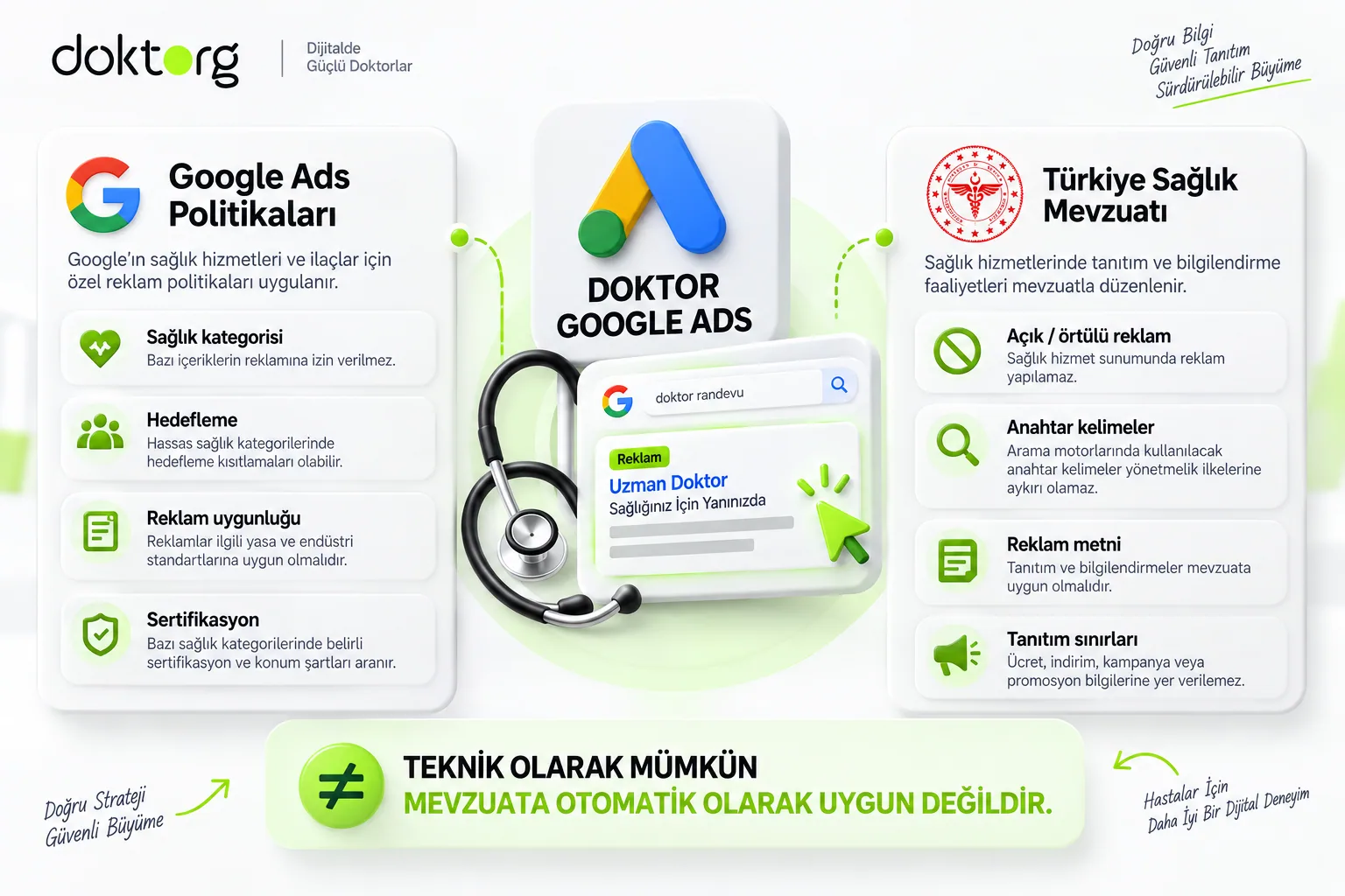 Doktor Google Ads çalışmalarında Google Ads sağlık politikaları ile Türkiye sağlık mevzuatının birlikte değerlendirilmesini gösteren infografik